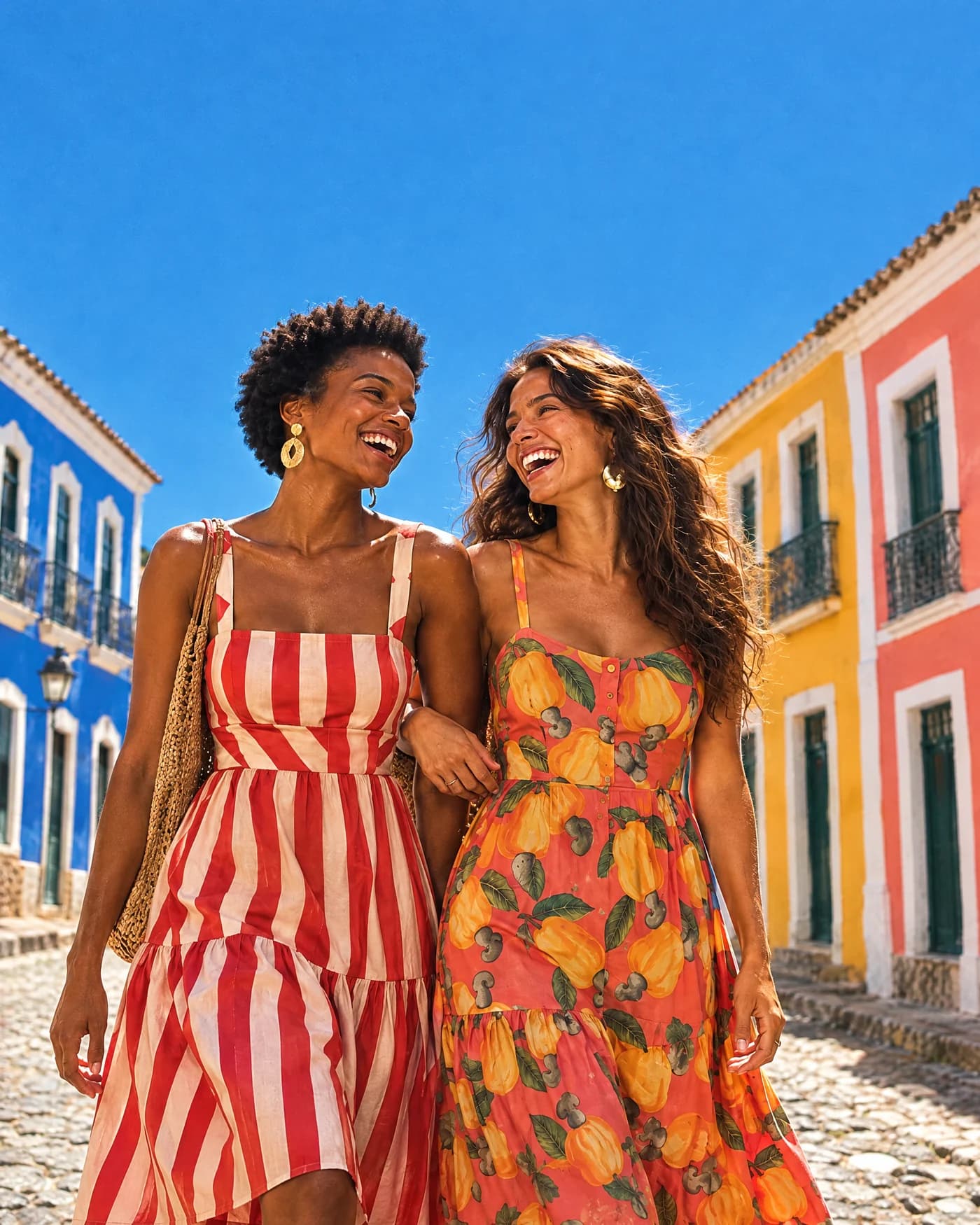 Duas amigas de vestido estampado numa rua colorida